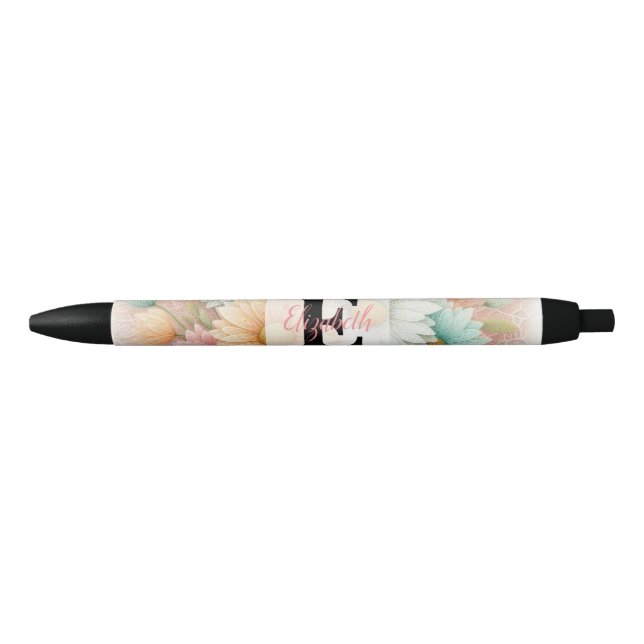Stylo Noir Dentelle monogramme fleurs roses blanches bleues m (Devant)