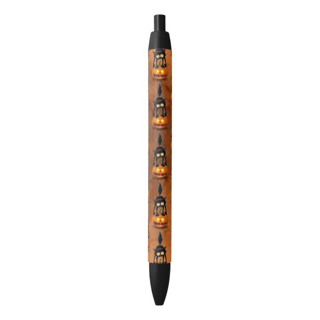 Stylo Noir Dessin d'Halloween au chat effrayé sur Citrouille (devant Vertical)