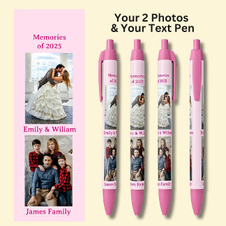 Stylo Noir DEUX photos, Nom Date, votre texte sur rose, rose
