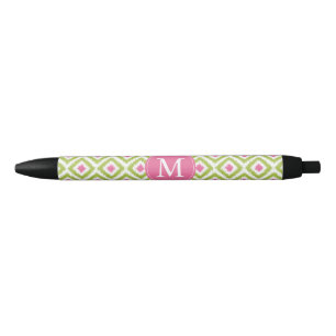 Stylo Noir Diamants verts et roses monogrammes Motif Ikat