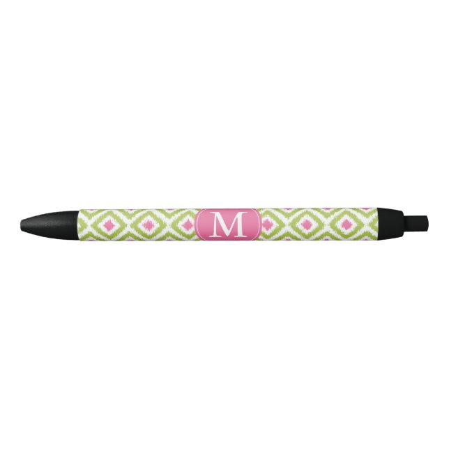 Stylo Noir Diamants verts et roses monogrammes Motif Ikat (Devant)
