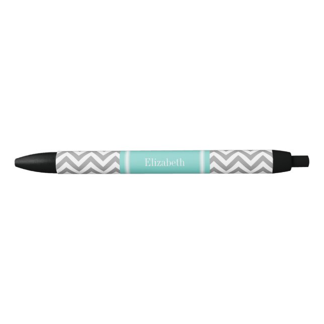 Stylo Noir Dk Gris Blanc LG Chevron Turquoise Monogramme Nom (Devant)