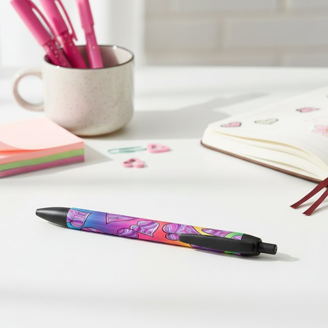 Stylo Noir Doodle coloré Rainbow Hearts Motif (Créateur téléchargé)