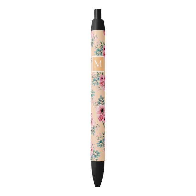 Stylo Noir Dorée | Monogramme rose et vert floral (devant Vertical)