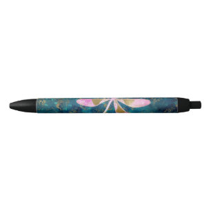 Stylo Noir Dragonfly rose Gold sur Turquoise Floral Arrière -