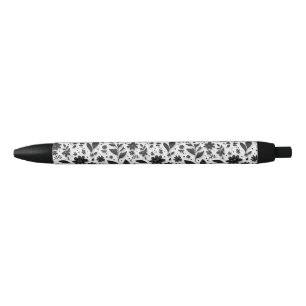 Stylo Noir Élégance Florale Monochrome : Écriture Élégante