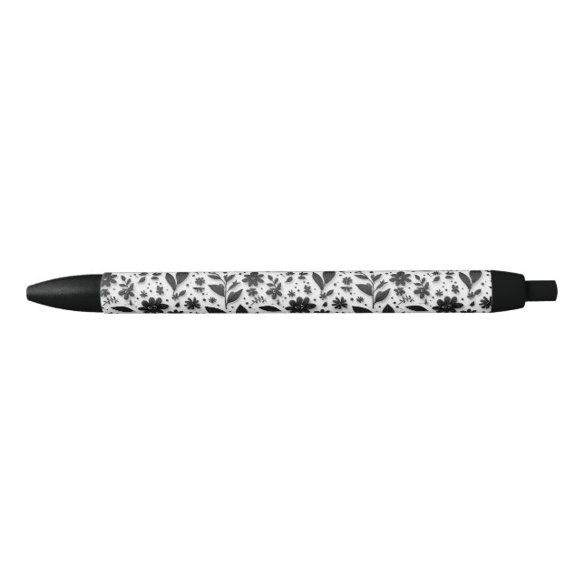 Stylo Noir Élégance Florale Monochrome : Écriture Élégante (Devant)