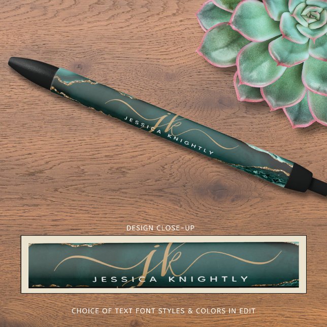 Stylo Noir Élégant Agate Turquoise Or Script Monogramme Nom (Créateur téléchargé)