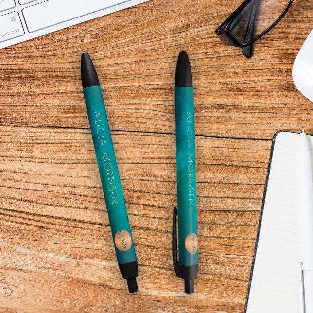 Stylo Noir Élégant luxe monogramme personnalisé or vert (Créateur téléchargé)