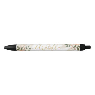 Stylo Noir Élégant Monogramme Floral D'Ivoire Et D'Or