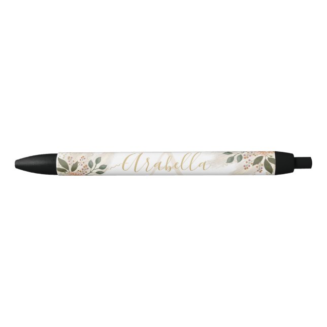 Stylo Noir Élégant Monogramme Floral D'Ivoire Et D'Or (Devant)