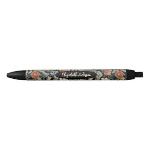 Stylo Noir Élégant Monogramme floral rouge noir
