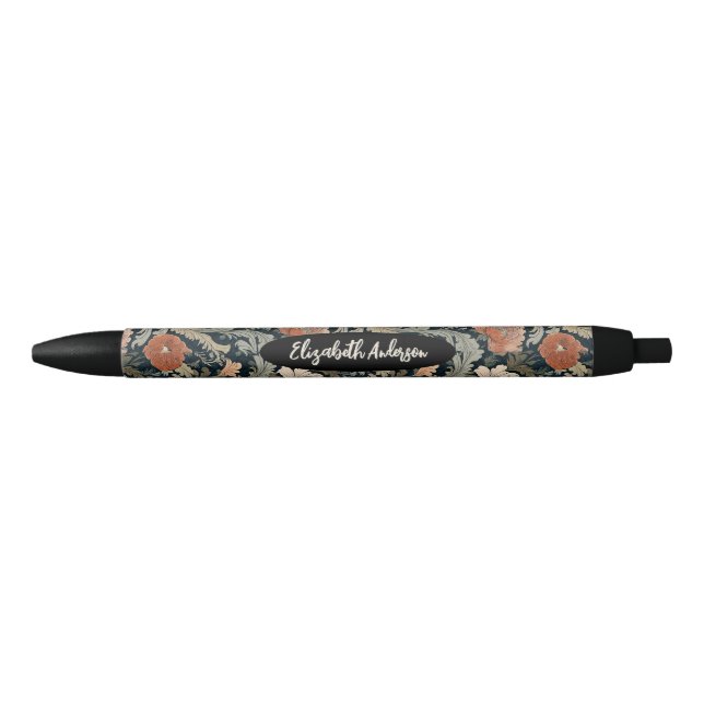 Stylo Noir Élégant Monogramme floral rouge noir (Devant)
