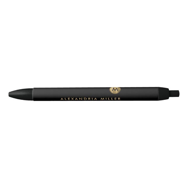 Stylo Noir Élégant Monogramme minimal d'or noir (Devant)
