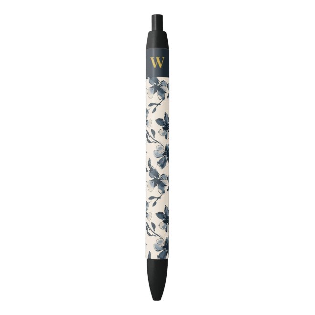 Stylo Noir Élégant Monogramme Motif Floral Bleu Marine (devant Vertical)