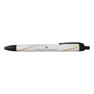 Stylo Noir Élégant Monogramme Or Marbre blanc
