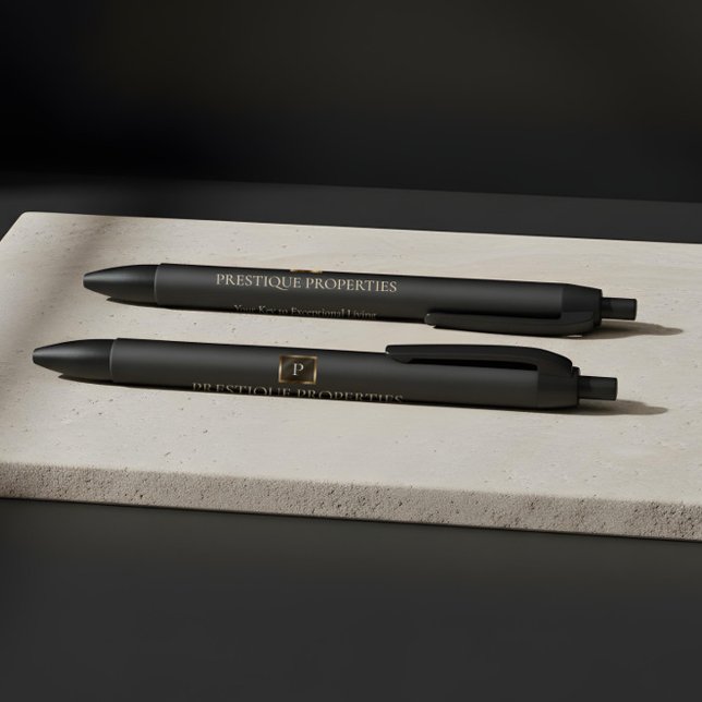 Stylo Noir Élégant Monogramme Or Personnalisé Entreprise de L (Elegant Gold Monogram Personalized Luxury Business Pen)