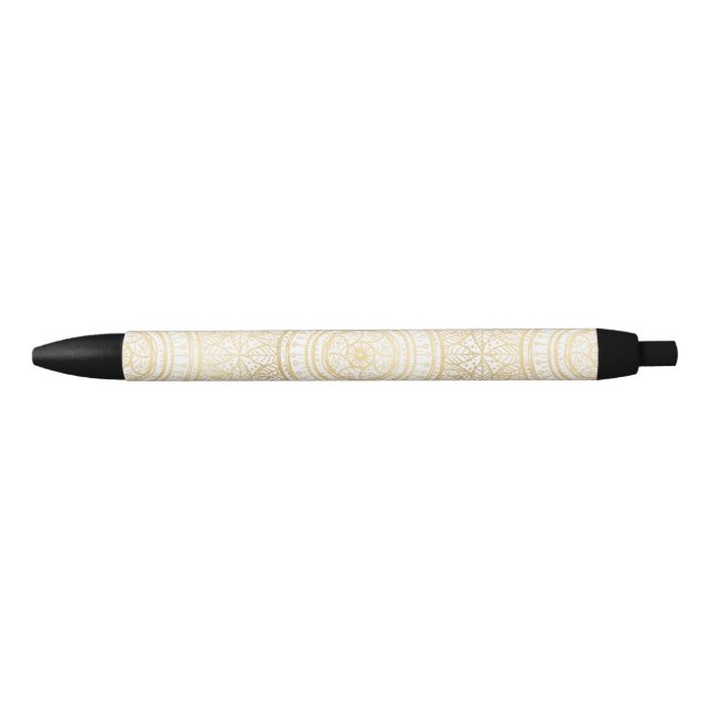 Stylo Noir Élégant Motif blanc de tournesol Mandala Gold (Devant)