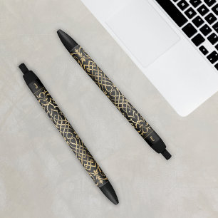 Stylo Noir Élégant Motif celtique Noir Monogramme Or initial