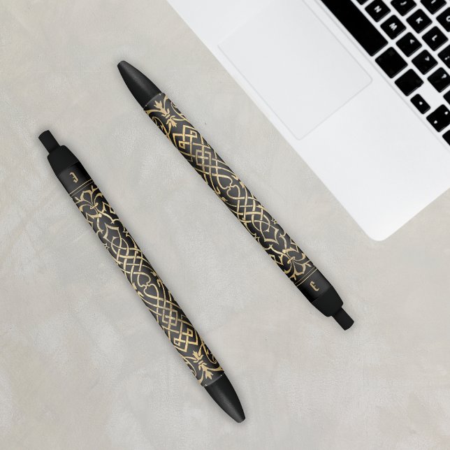 Stylo Noir Élégant Motif celtique Noir Monogramme Or initial (Elegant Celtic Pattern Black Gold Monogram Initial Pen
)