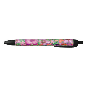 Stylo Noir Élégant Motif de fleurs tropicales