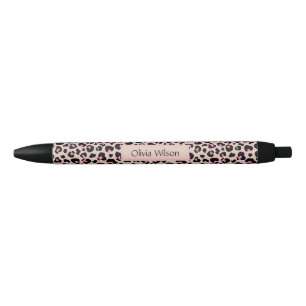 Stylo Noir Élégant Motif de peau de léopard rose noir