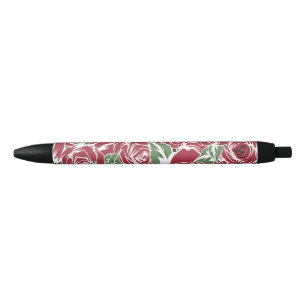 Stylo Noir Elégant Motif Rose Vintage - Rouge & Vert Floral