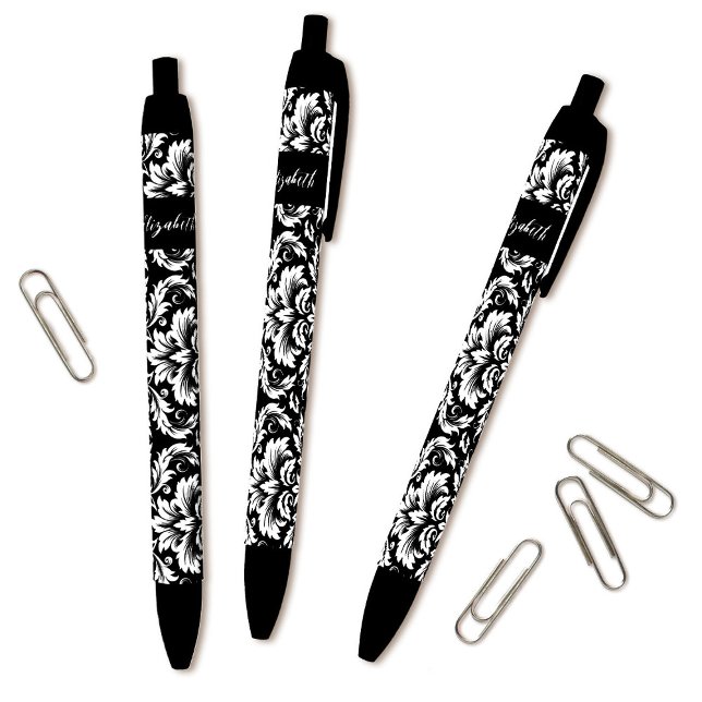 Stylo Noir Elégant noir blanc Damas (Cute personalized black and white damask pattern pens go great with the matching journal.)