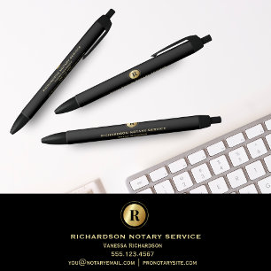 Stylo Noir Élégant Noir Notaire Monogramme Or Promotionnel