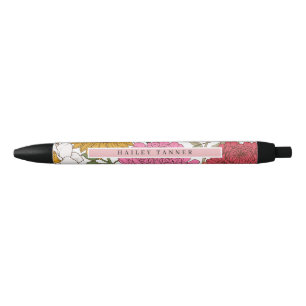 Stylo Noir Élégant nom du Motif de fleurs colorées