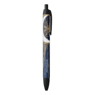 Stylo Noir Elégant or & Blue Sun Moon Mandala Doodles Art