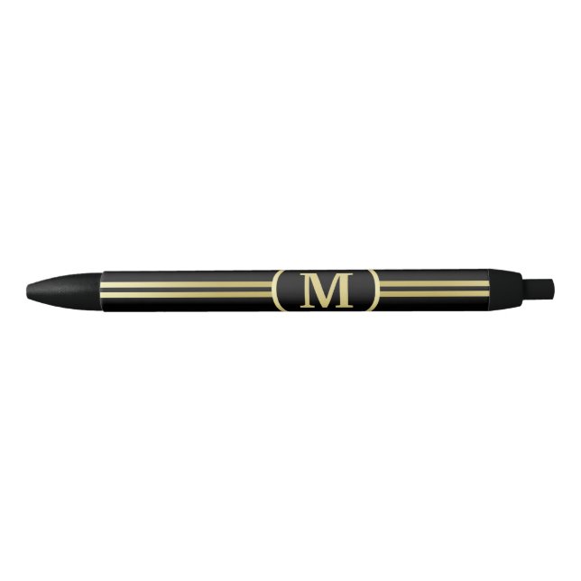 Stylo Noir Élégant or Monogramme personnalisé sur noir (Devant)
