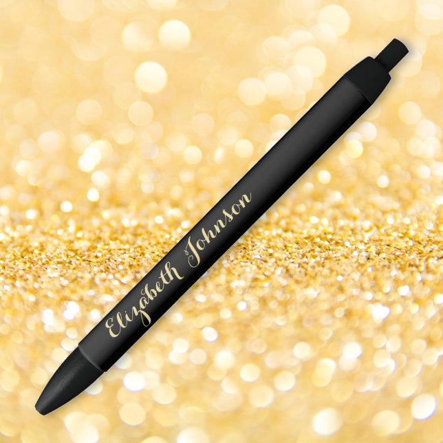 Stylo Noir Élégant Or Noir Nom Entreprise Bureau de Style (Elegant Black Gold Stylish Name Office Business Black Ink Pen)