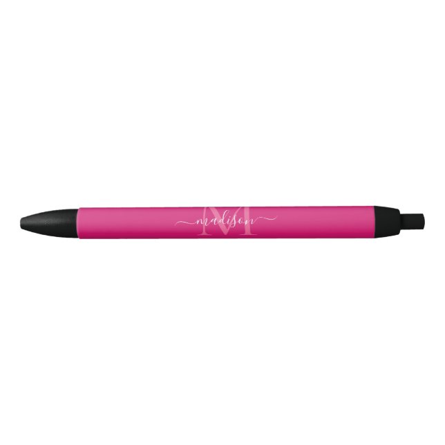 Stylo Noir Élégant rose Magenta Blanc Monogramme Nom du scrip (Devant)