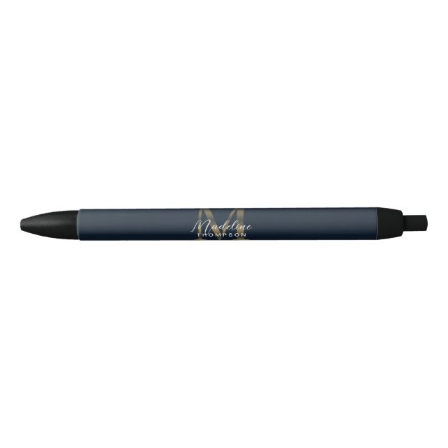 Stylo Noir Élégant Script Monogramme Or Bleu Marine Métallisé (Devant)