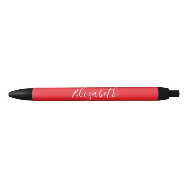 Stylo Noir Élégant Texte de Nom en Rouge et Blanc Script (Devant)