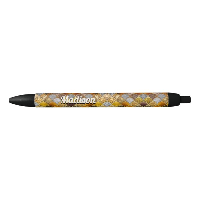 Stylo Noir Élégantes échelles de sirène en or (Devant)