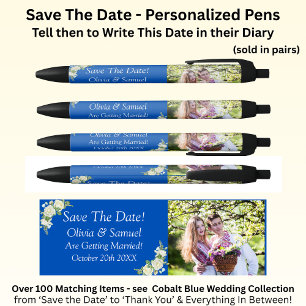 Stylo Noir Enregistrer La Date - Photo + Cobalt Roses Bleues