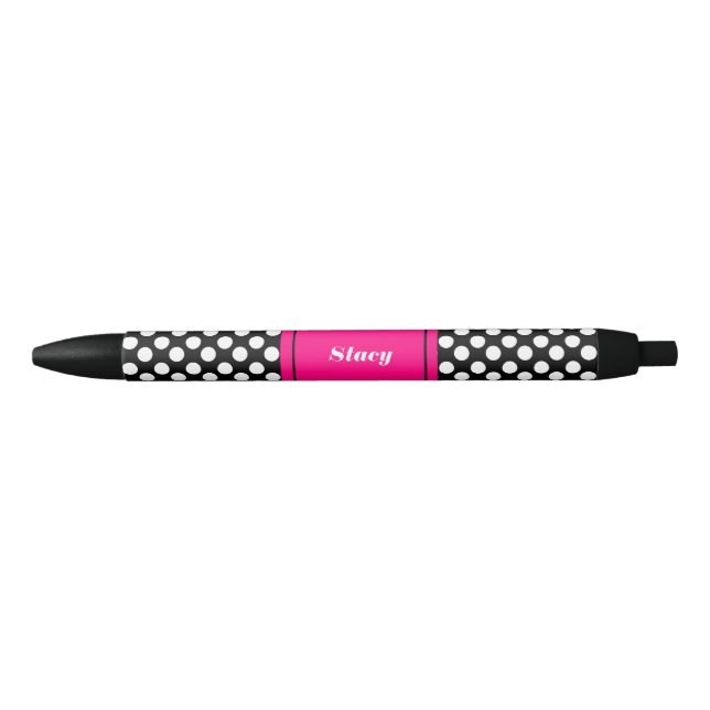 Stylo noir et rose personnalisé de point de polka (Devant)