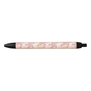 Stylo Noir Étoiles de mer et motif pastel rose corail
