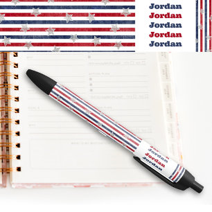 Stylo Noir Étoiles et rayures 4 juillet Patriotique USA Nom