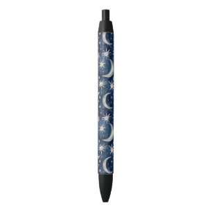 Stylo Noir Étoiles Lunes Argent Bleu