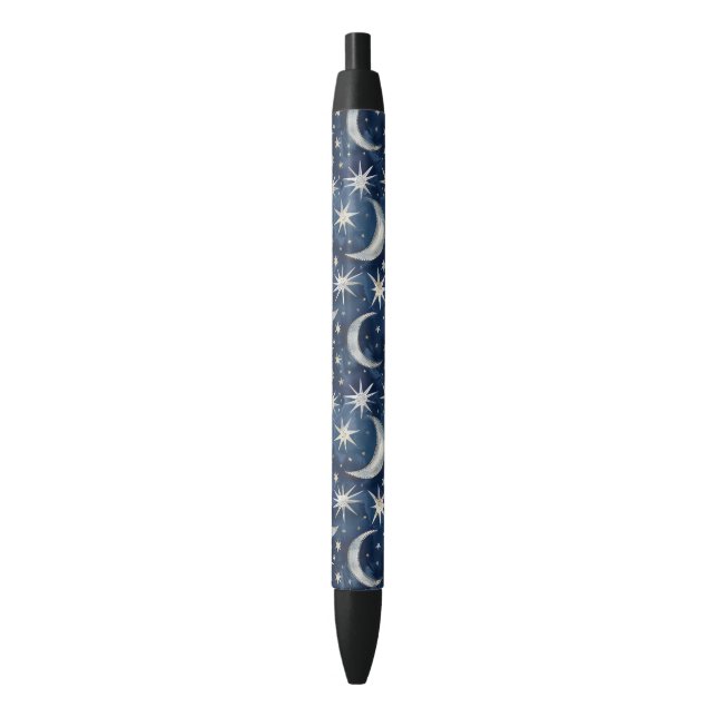 Stylo Noir Étoiles Lunes Argent Bleu (devant Vertical)
