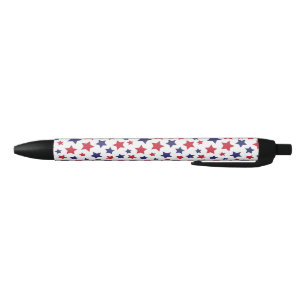 Stylo Noir Étoiles rouges et bleues, 4 juillet, fond blanc
