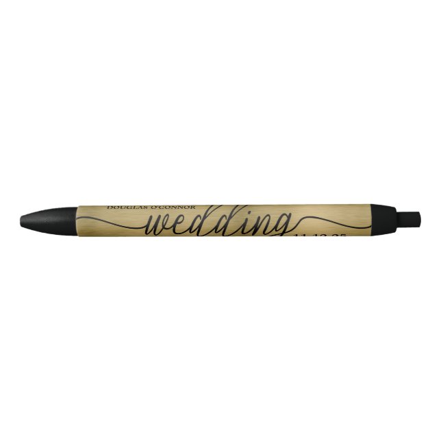 Stylo Noir Faux Gold Metal Texture Effet Mariage Faveur (Devant)