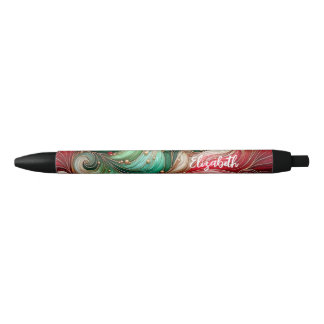 Stylo Noir Festive Red Green Gold Ink Swirl Nom personnalisé
