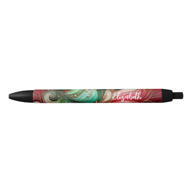 Stylo Noir Festive Red Green Gold Ink Swirl Nom personnalisé (Devant)