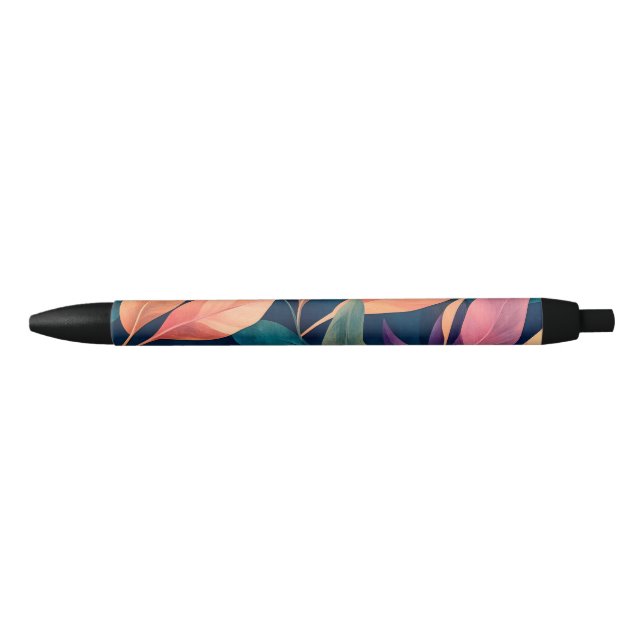 Stylo Noir Feuilles Abstraites Colorées (Devant)