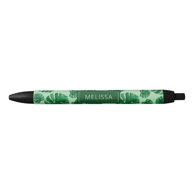 Stylo Noir Feuilles de palmier Monstera vert tropical & Nom p (Devant)