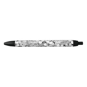 Stylo Noir feuilles d'hibiscus et de palmiers blancs